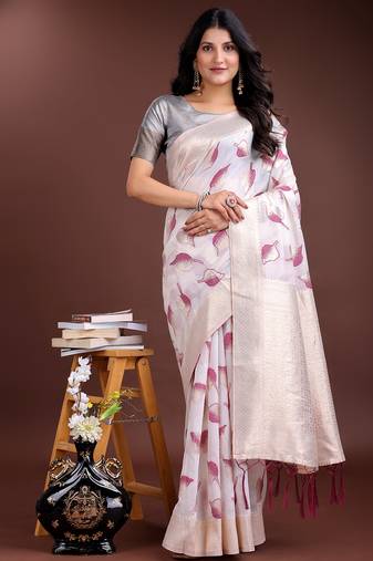 white & purple color cotton zari woven saree with blouse