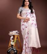 white & purple color cotton zari woven saree with blouse