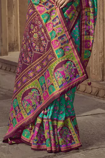 teal floral zaal print patola saree