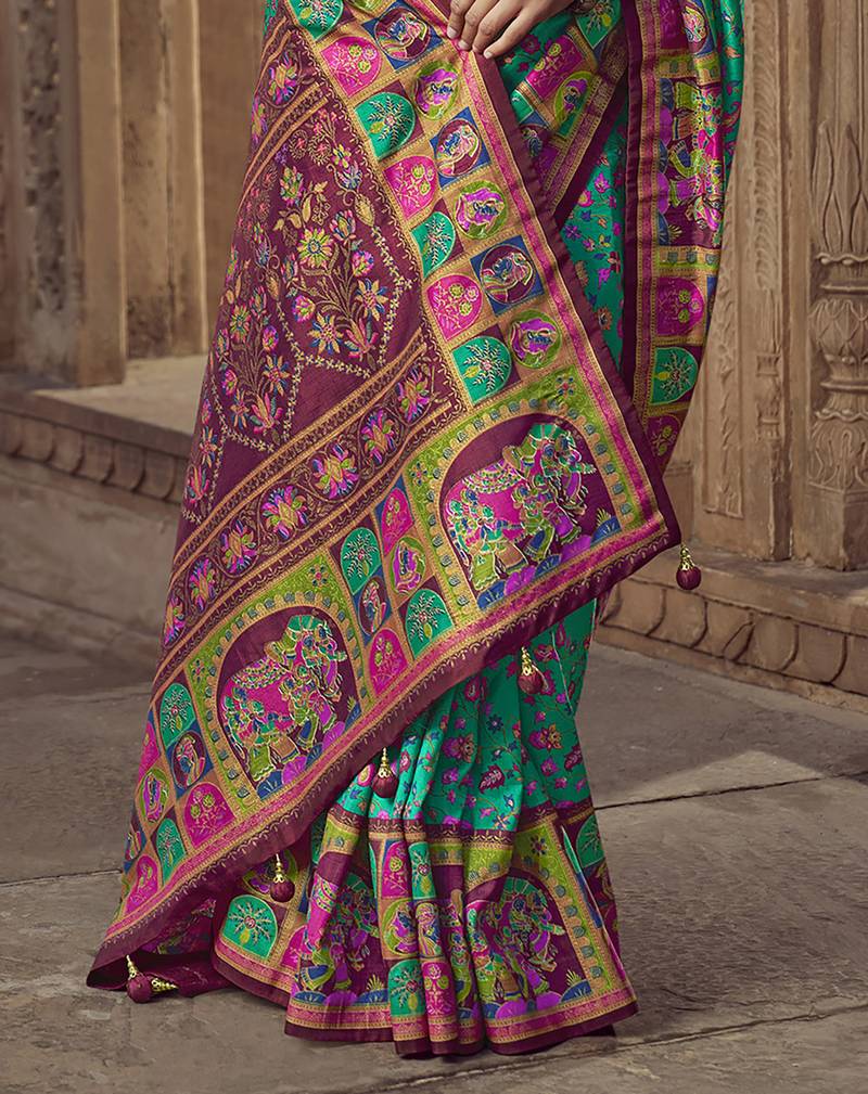 teal floral zaal print patola saree