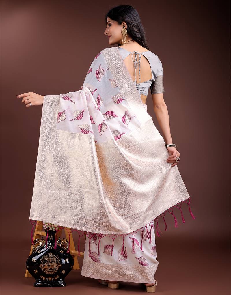 white & purple color cotton zari woven saree with blouse