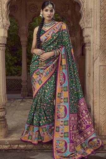 bottle green floral zaal print patola saree
