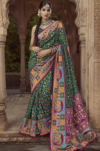 bottle green floral zaal print patola saree