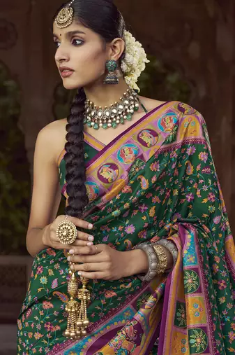 bottle green floral zaal print patola saree
