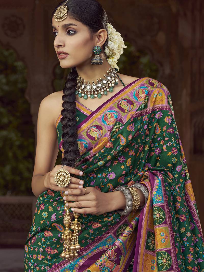 bottle green floral zaal print patola saree