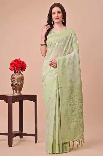 light green color cotton woven design saree with blouse