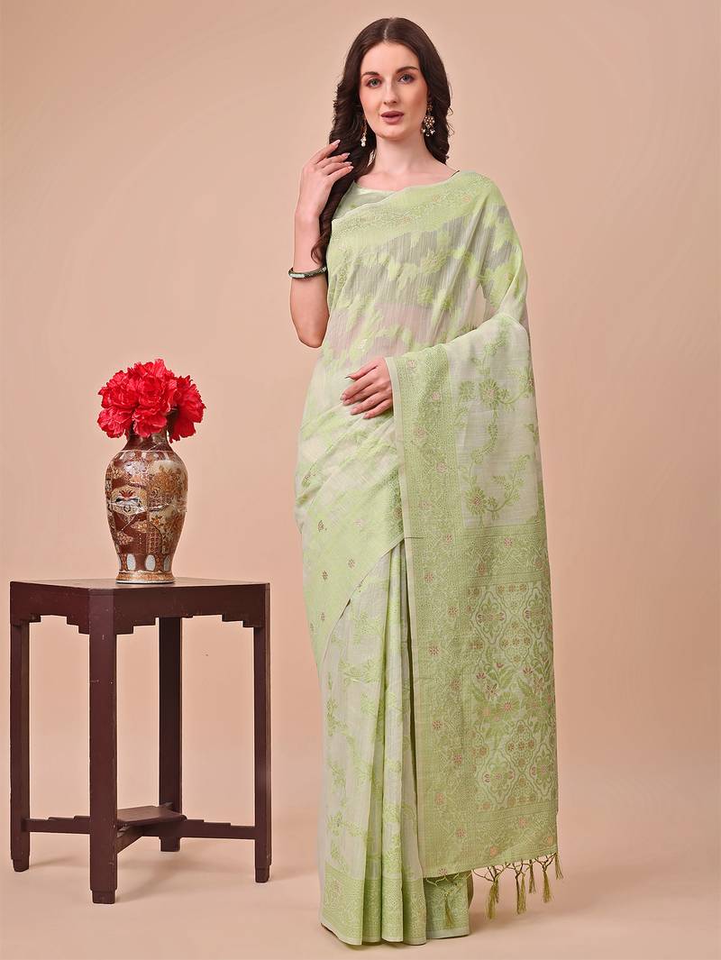 light green color cotton woven design saree with blouse