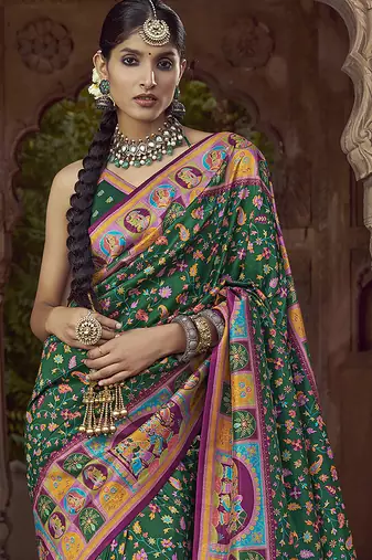 bottle green floral zaal print patola saree