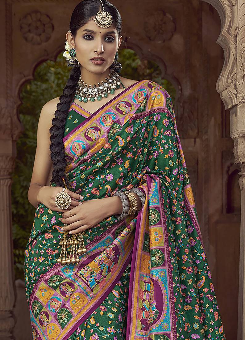 bottle green floral zaal print patola saree