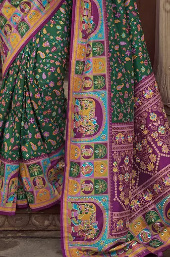 bottle green floral zaal print patola saree