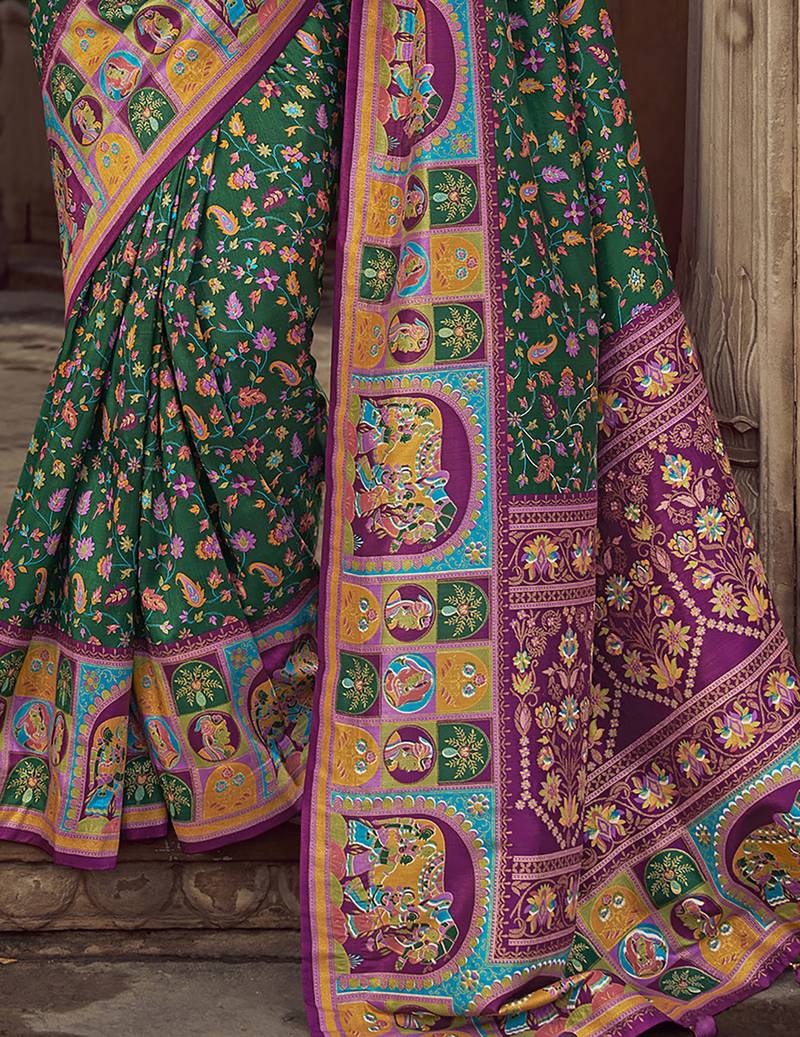 bottle green floral zaal print patola saree