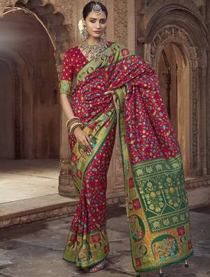 maroon floral zaal print patola saree 1