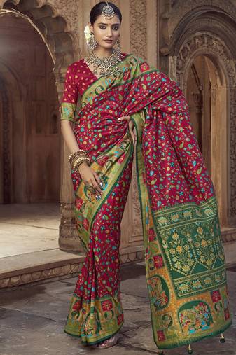 maroon floral zaal print patola saree