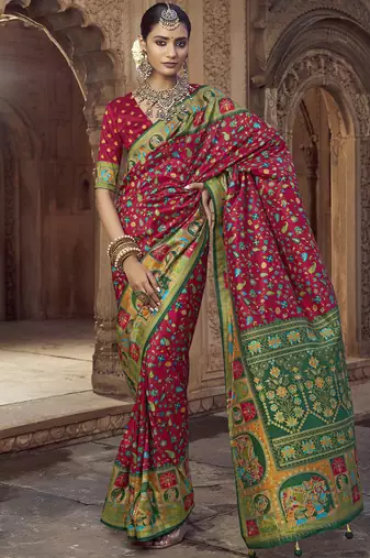 maroon floral zaal print patola saree