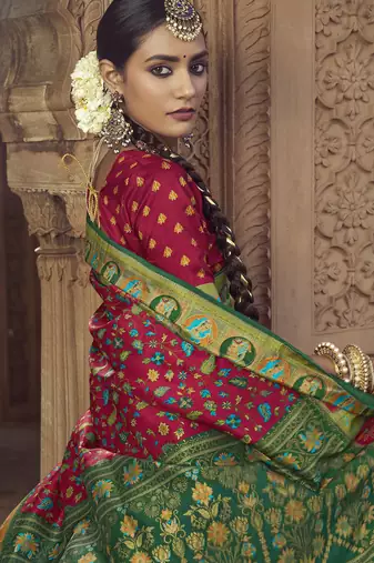 maroon floral zaal print patola saree