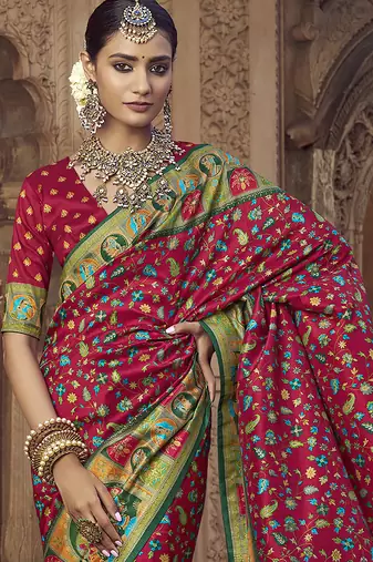 maroon floral zaal print patola saree