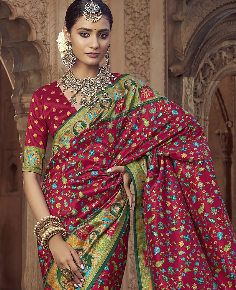 maroon floral zaal print patola saree