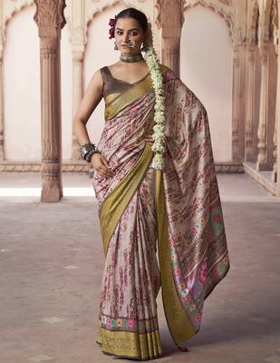blush beige soft silk blend madhubani digital printed saree 1