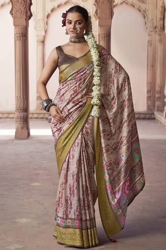 blush beige soft silk blend madhubani digital printed saree