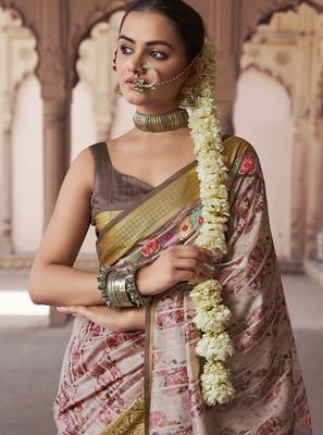 blush beige soft silk blend madhubani digital printed saree 2