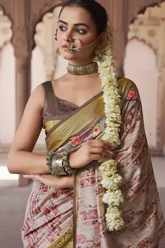 blush beige soft silk blend madhubani digital printed saree