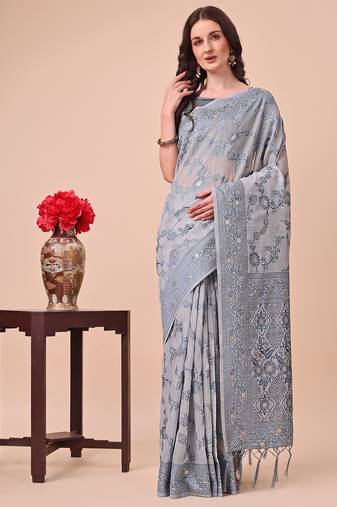 grey color cotton woven design saree with blouse