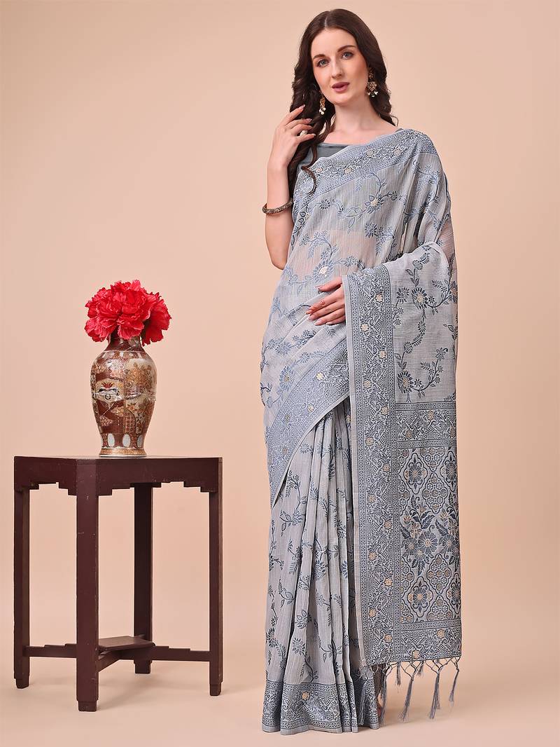 grey color cotton woven design saree with blouse