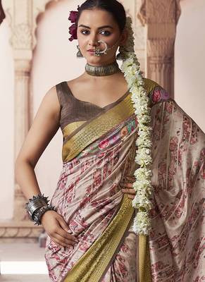 blush beige soft silk blend madhubani digital printed saree 3