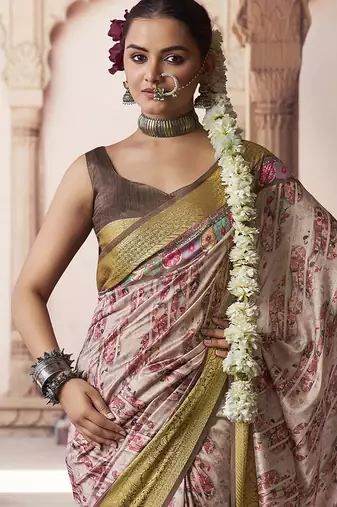 blush beige soft silk blend madhubani digital printed saree