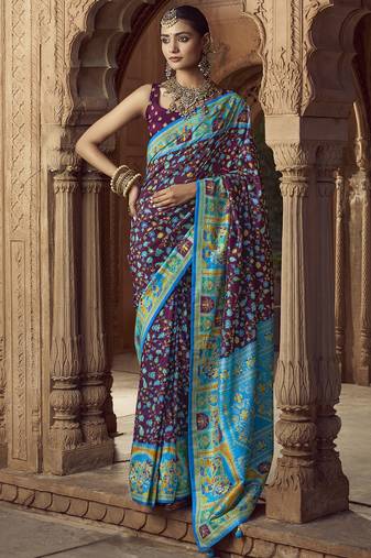 wine floral zaal print patola saree