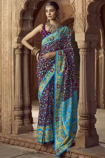 wine floral zaal print patola saree