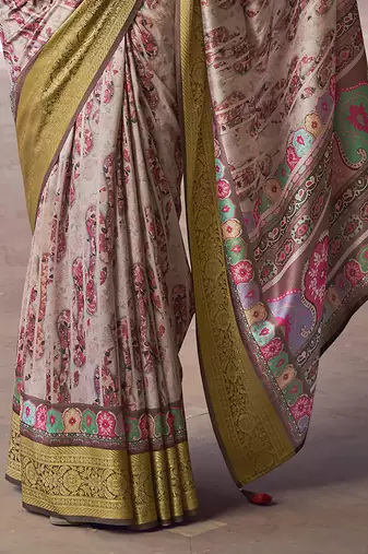 blush beige soft silk blend madhubani digital printed saree