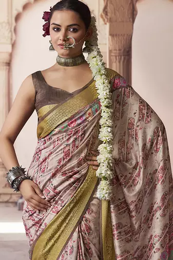 blush beige soft silk blend madhubani digital printed saree
