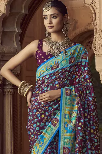 wine floral zaal print patola saree