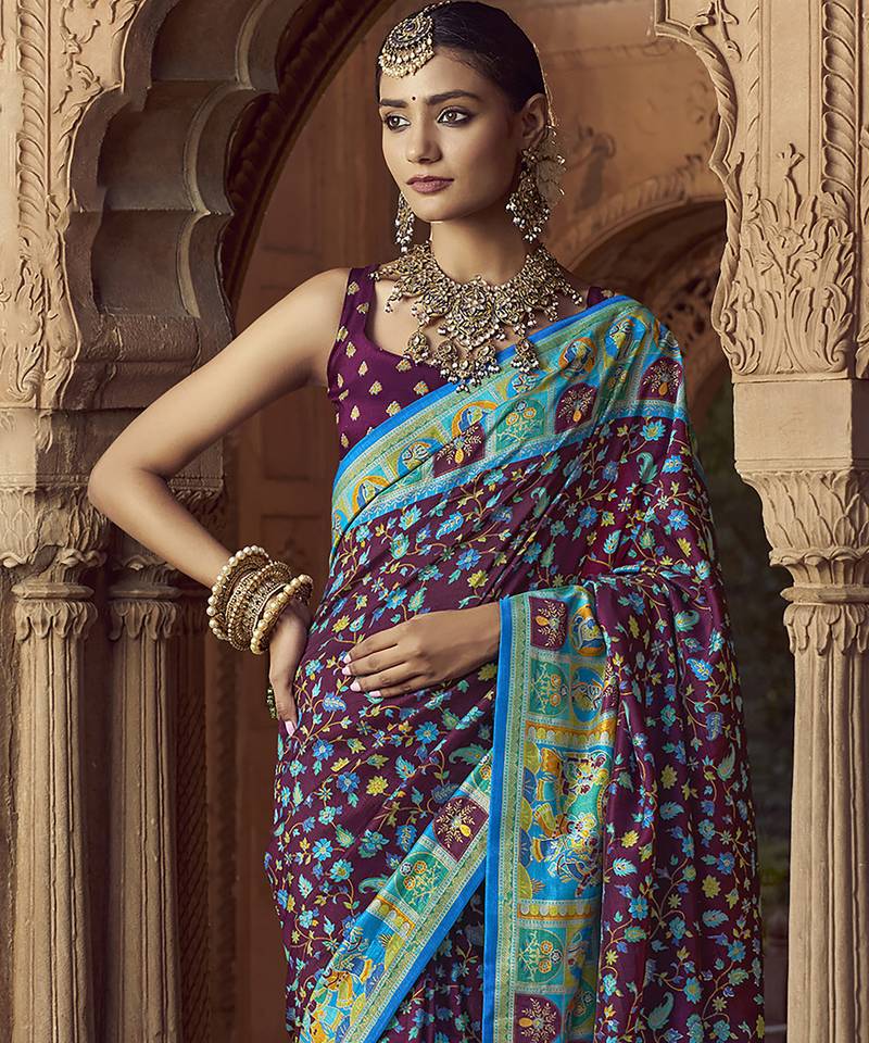 wine floral zaal print patola saree
