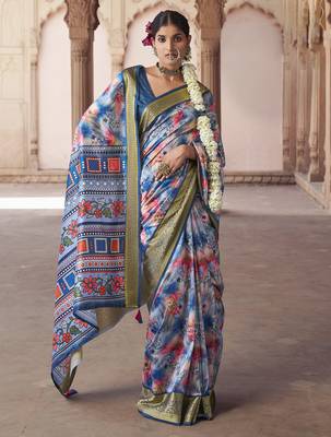 blue  soft silk blend madhubani digital printed saree 1