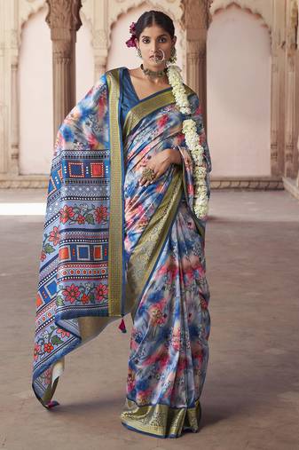 blue  soft silk blend madhubani digital printed saree