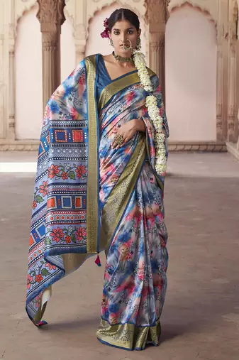 blue  soft silk blend madhubani digital printed saree