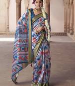 blue  soft silk blend madhubani digital printed saree