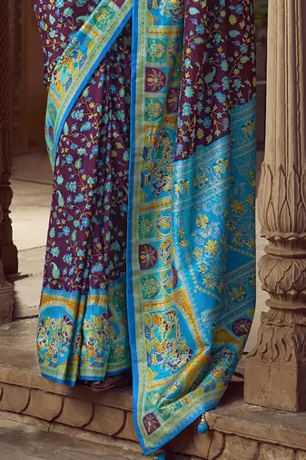 wine floral zaal print patola saree