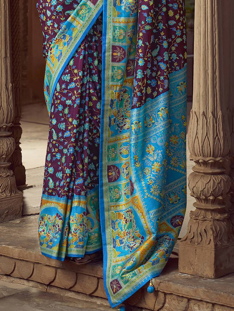 wine floral zaal print patola saree