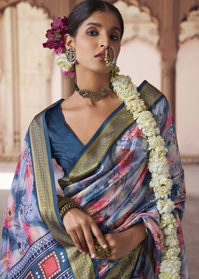 blue  soft silk blend madhubani digital printed saree 2