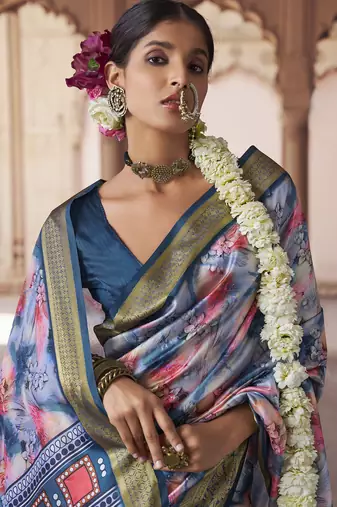 blue  soft silk blend madhubani digital printed saree
