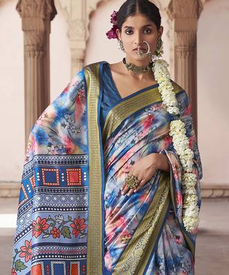 blue  soft silk blend madhubani digital printed saree 3