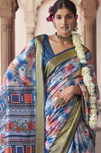 blue  soft silk blend madhubani digital printed saree