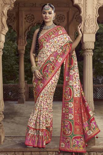 cream floral zaal print patola saree