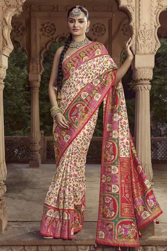 cream floral zaal print patola saree