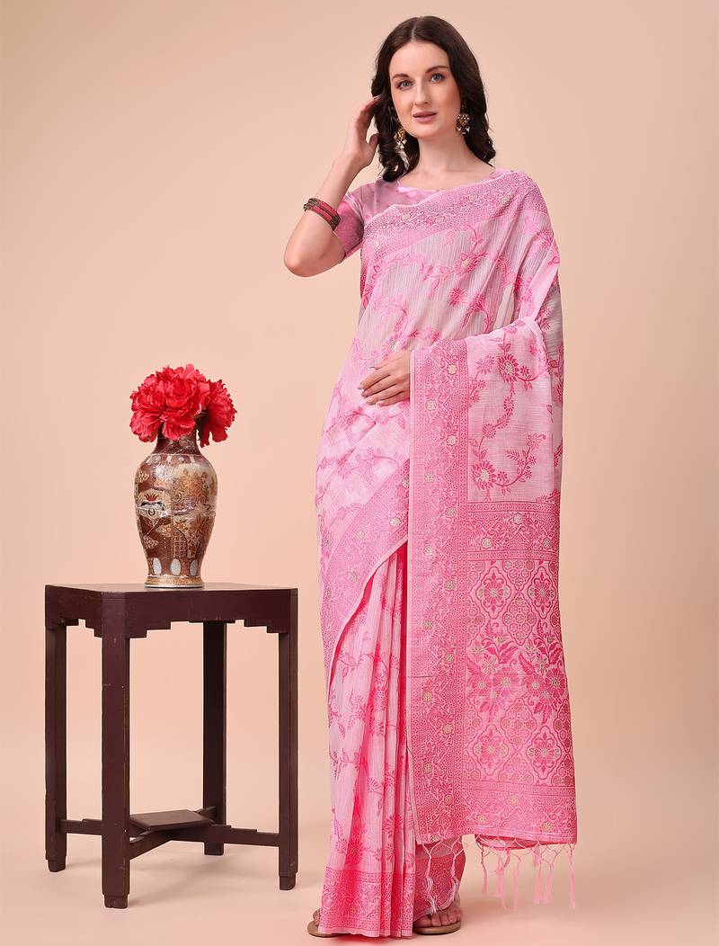 pink color cotton woven design saree with blouse