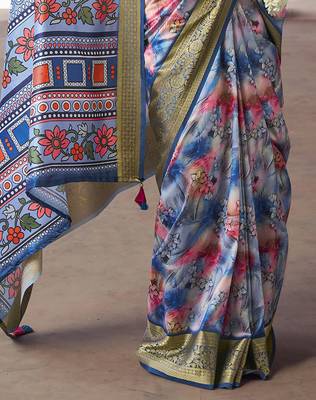 blue  soft silk blend madhubani digital printed saree 4