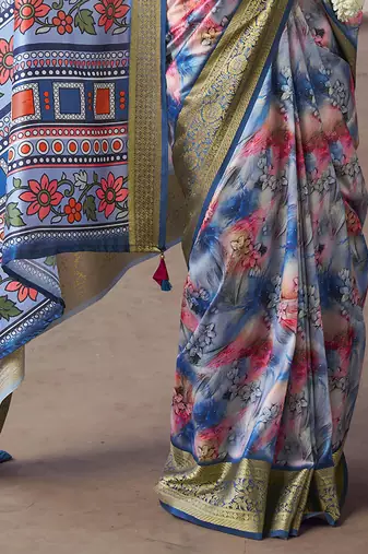 blue  soft silk blend madhubani digital printed saree